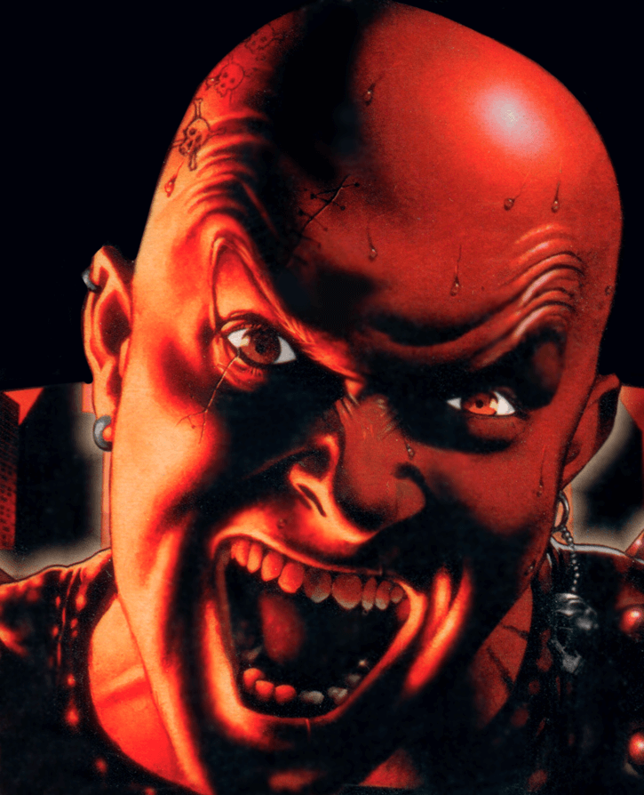 Close up of a game character laughing in an evil manner