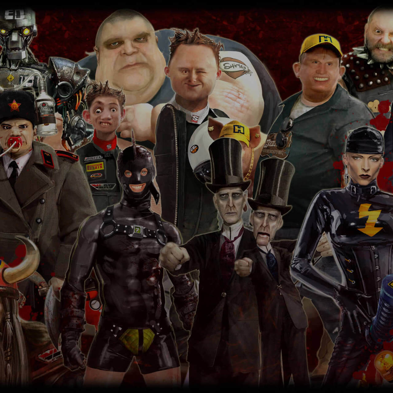 Image mashup of a variety of characters from the carmageddon game series Image mashup of a variety of characters from the carmageddon game series