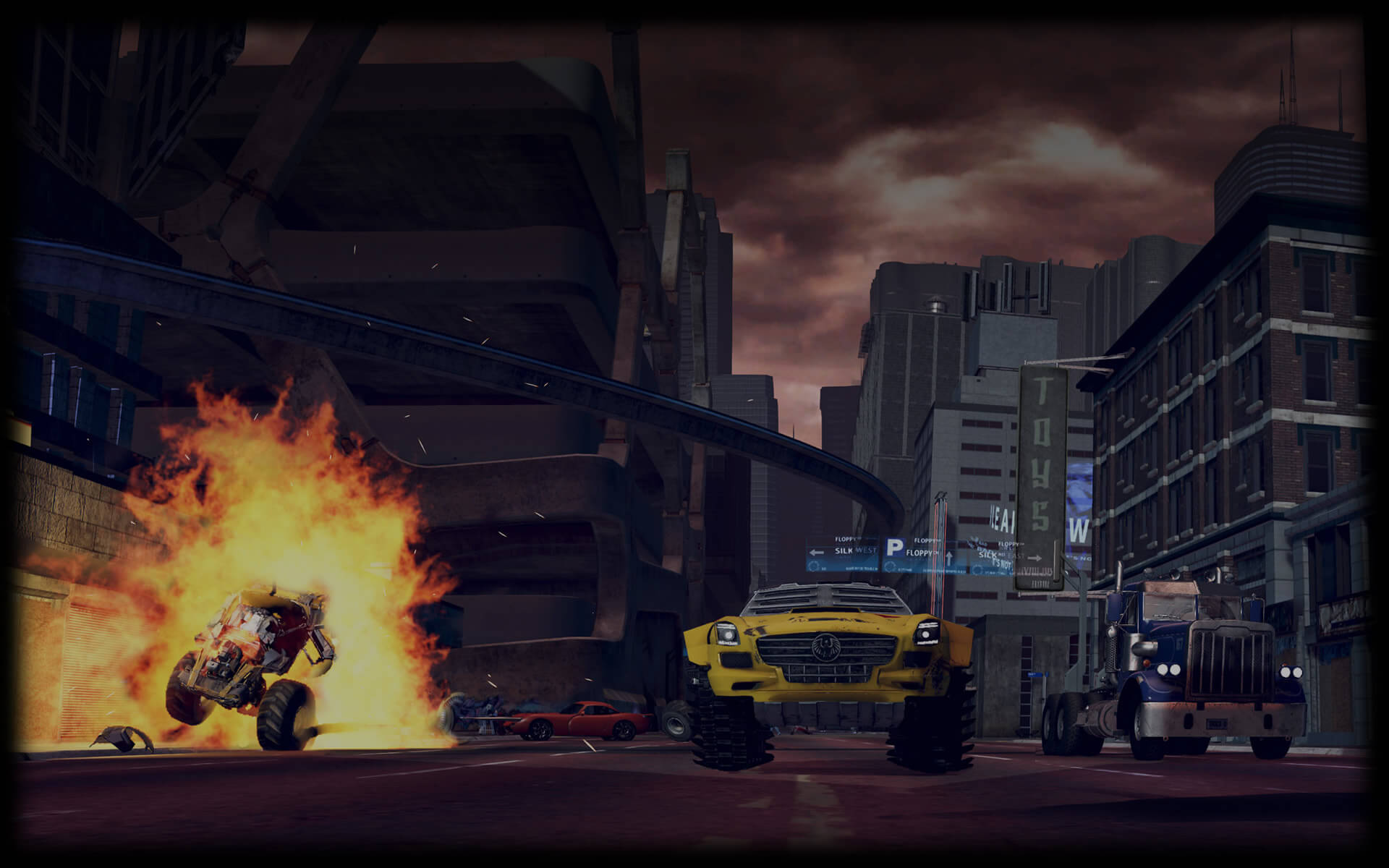 Game image of a car driving down a street with an explosion to the side of it
