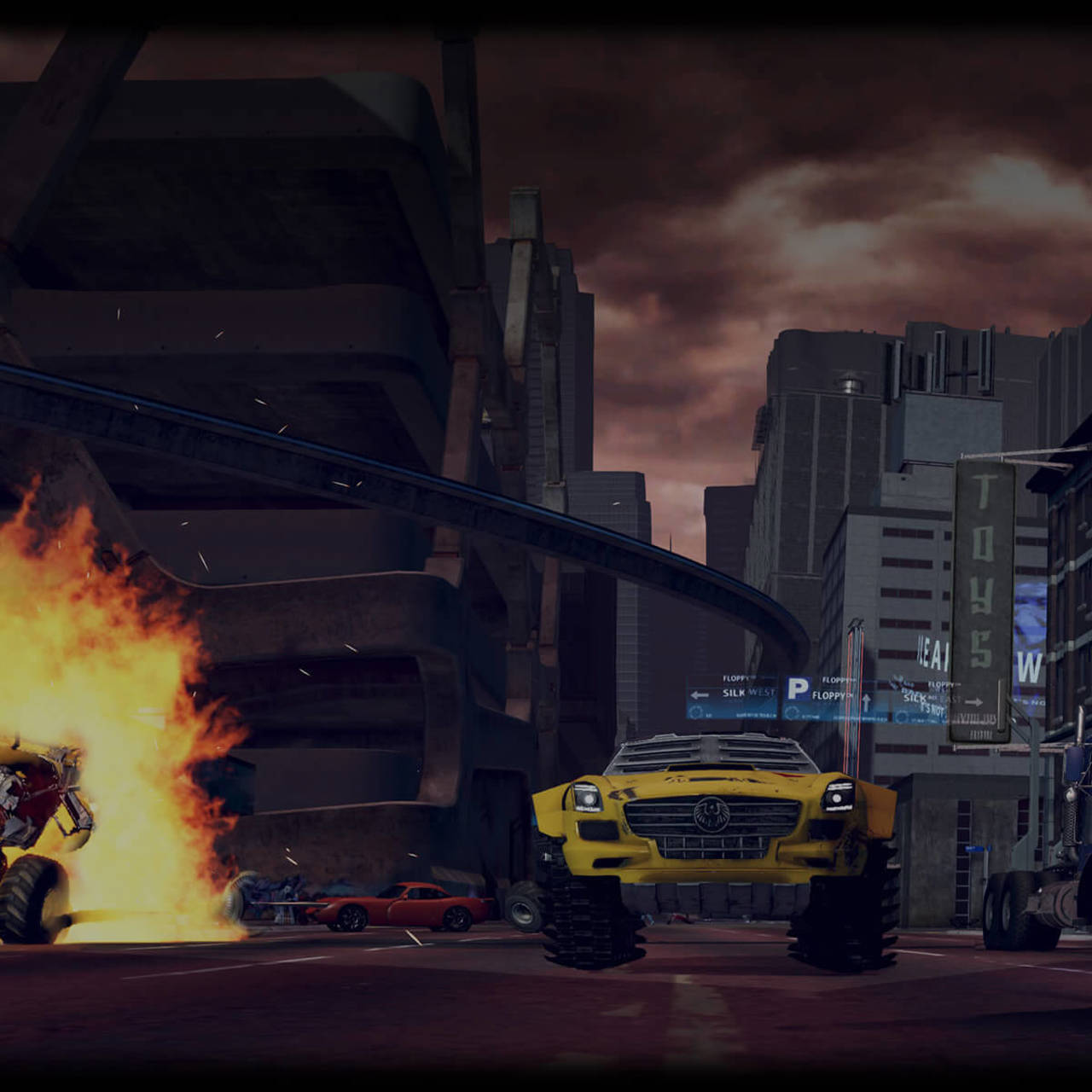 Game image of a car driving down a street with an explosion to the side of it Game image of a car driving down a street with an explosion to the side of it