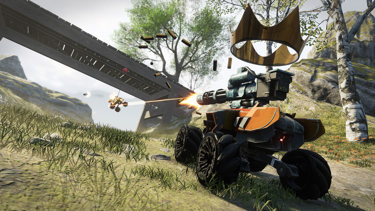 Shockrods game screenshot of a vehicle on grassy terrain firing a gun at another vehicle hanging from a bridge