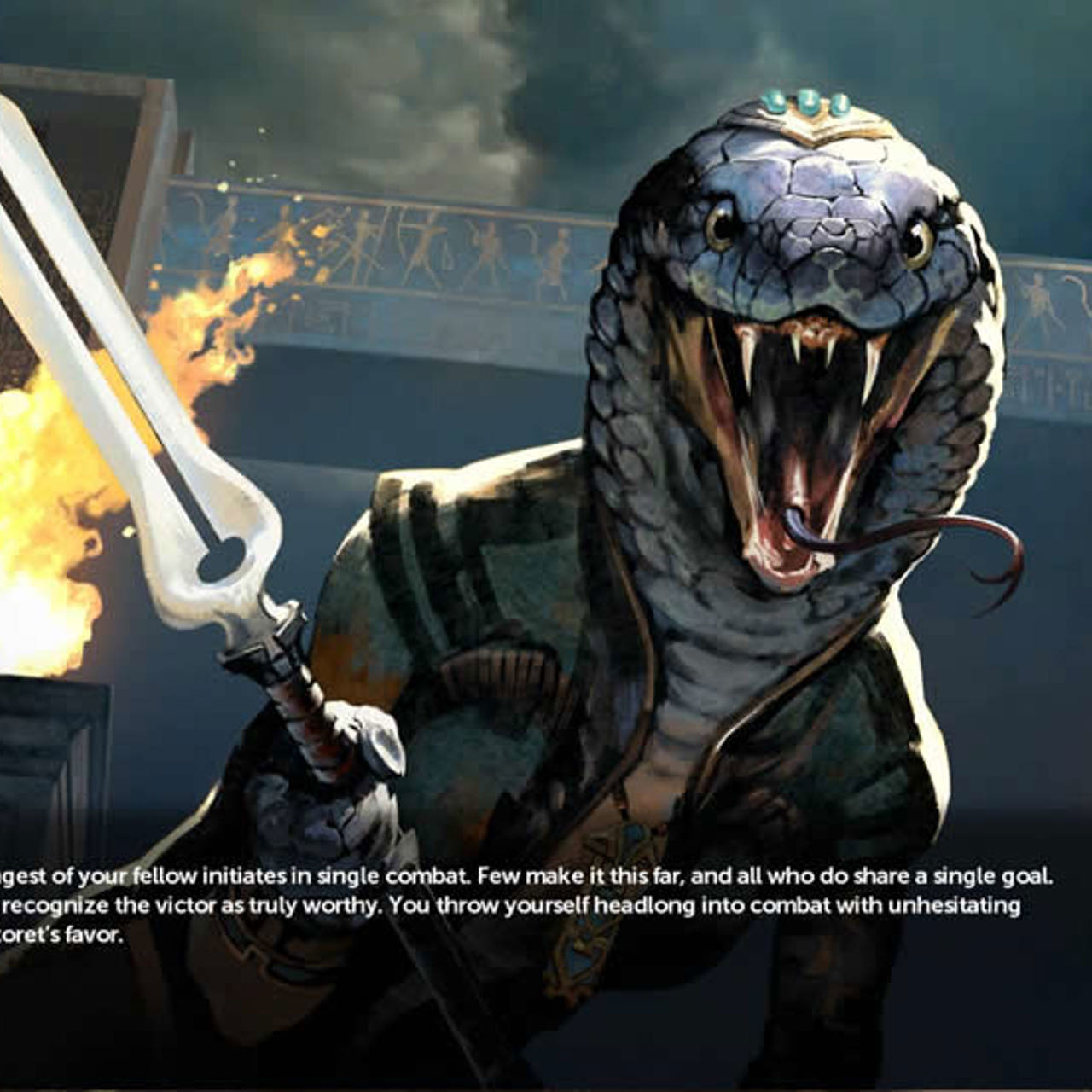 Artwork of a create with a snakelike head holding a sword with the caption, In the trial of Zeal, you face the strongest of your fellow initiates in single combat. Few make it this far, and all who do share a single goal. Hazoret, the god of zeal herself, will recognize the victor as truly worthy. You throw yourself headlong into combat with unhesitating frenzy and resolve, eager to win Hazoret's favour.  Artwork of a create with a snakelike head holding a sword with the caption, In the trial of Zeal, you face the strongest of your fellow initiates in single combat. Few make it this far, and all who do share a single goal. Hazoret, the god of zeal herself, will recognize the victor as truly worthy. You throw yourself headlong into combat with unhesitating frenzy and resolve, eager to win Hazoret's favour.