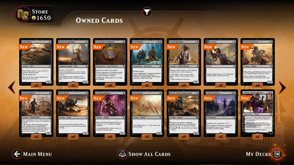 Screenshot Image of 14 cards laid out, all labelled as New