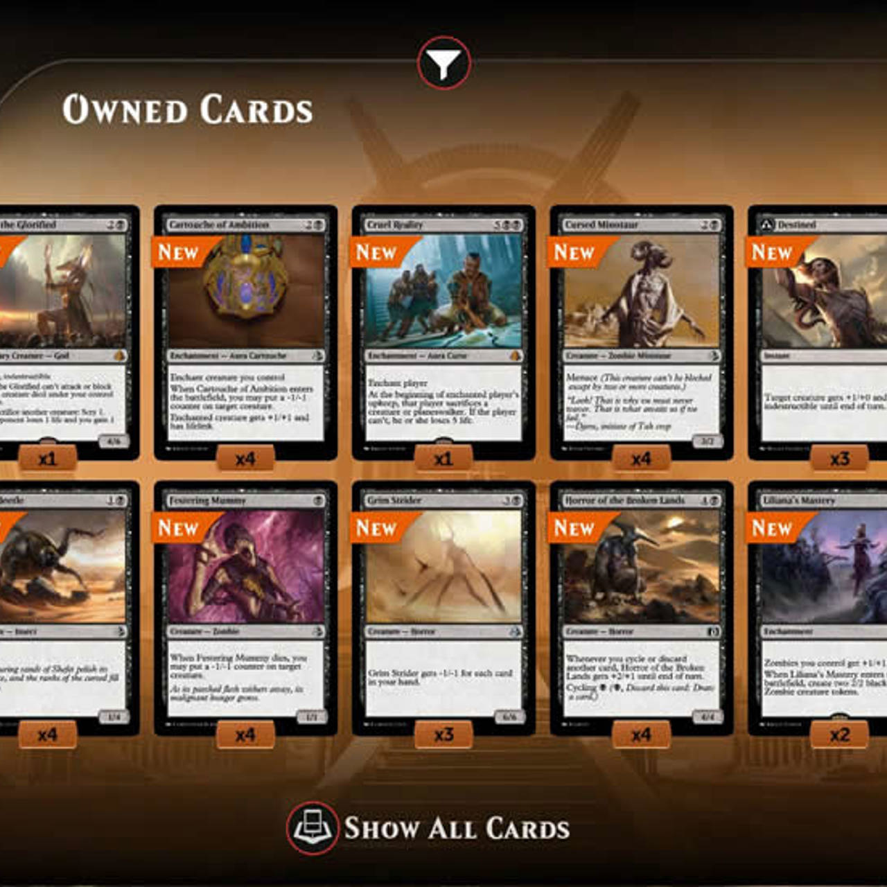 Screenshot Image of 14 cards laid out, all labelled as New