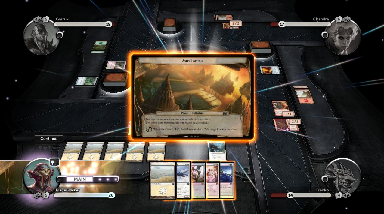 Screenshot showing a close up of an Astral Arena Card, with a player in each of the four corners of the game screen