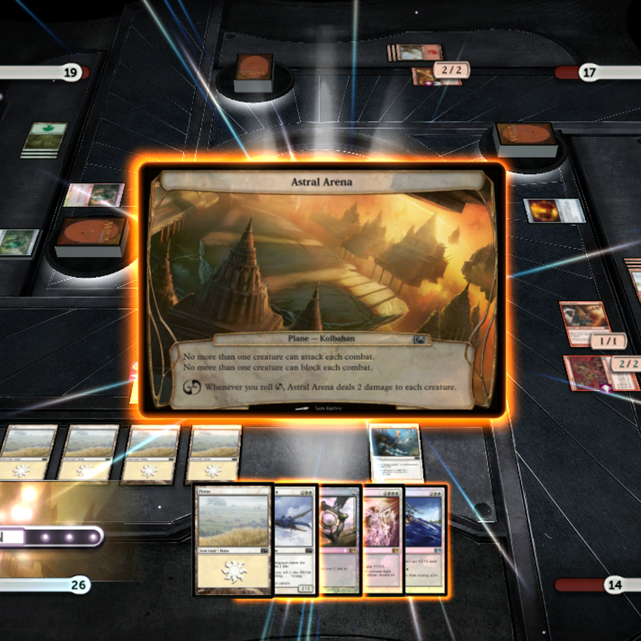 Screenshot showing a close up of an Astral Arena Card, with a player in each of the four corners of the game screen