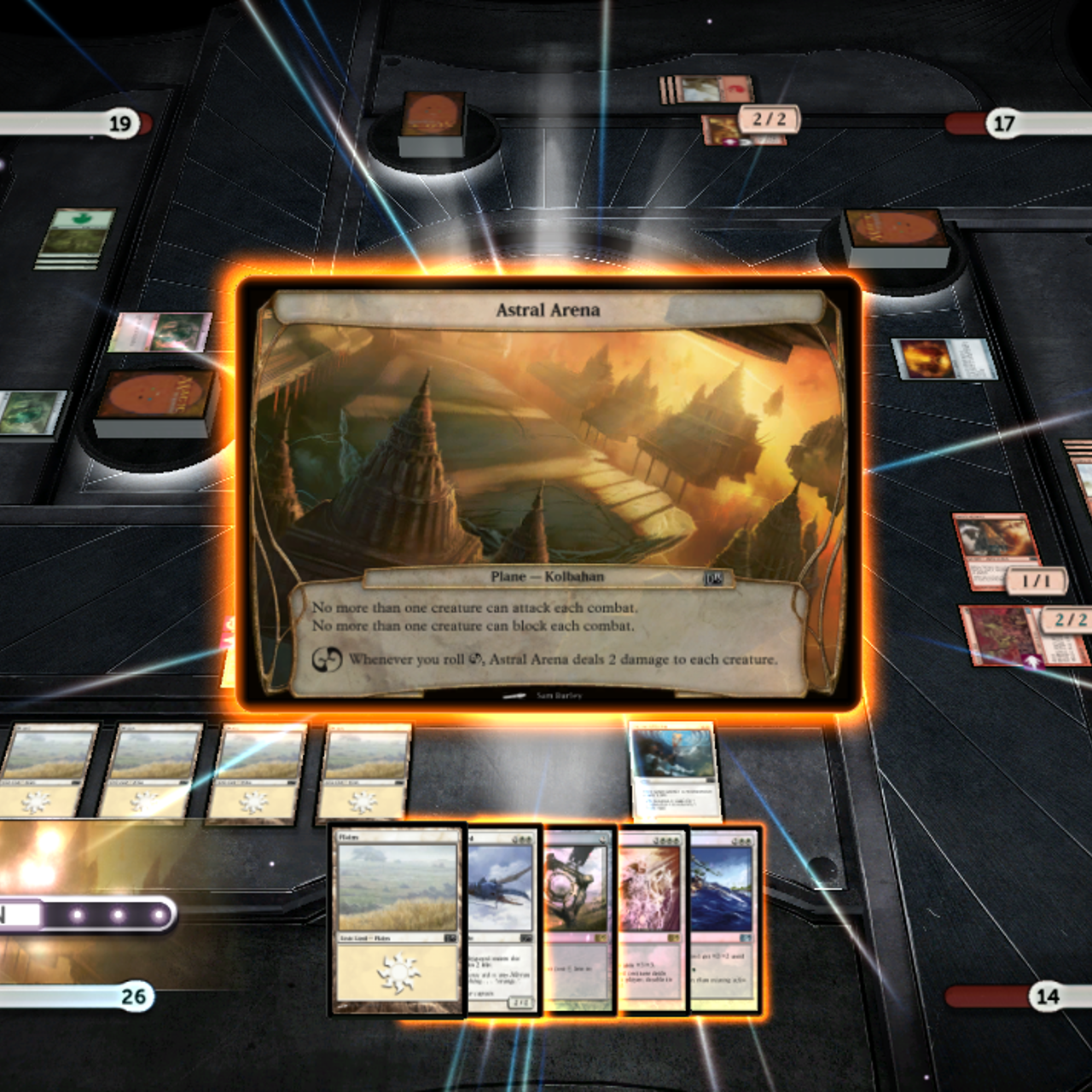 Screenshot showing a close up of an Astral Arena Card, with a player in each of the four corners of the game screen Screenshot showing a close up of an Astral Arena Card, with a player in each of the four corners of the game screen
